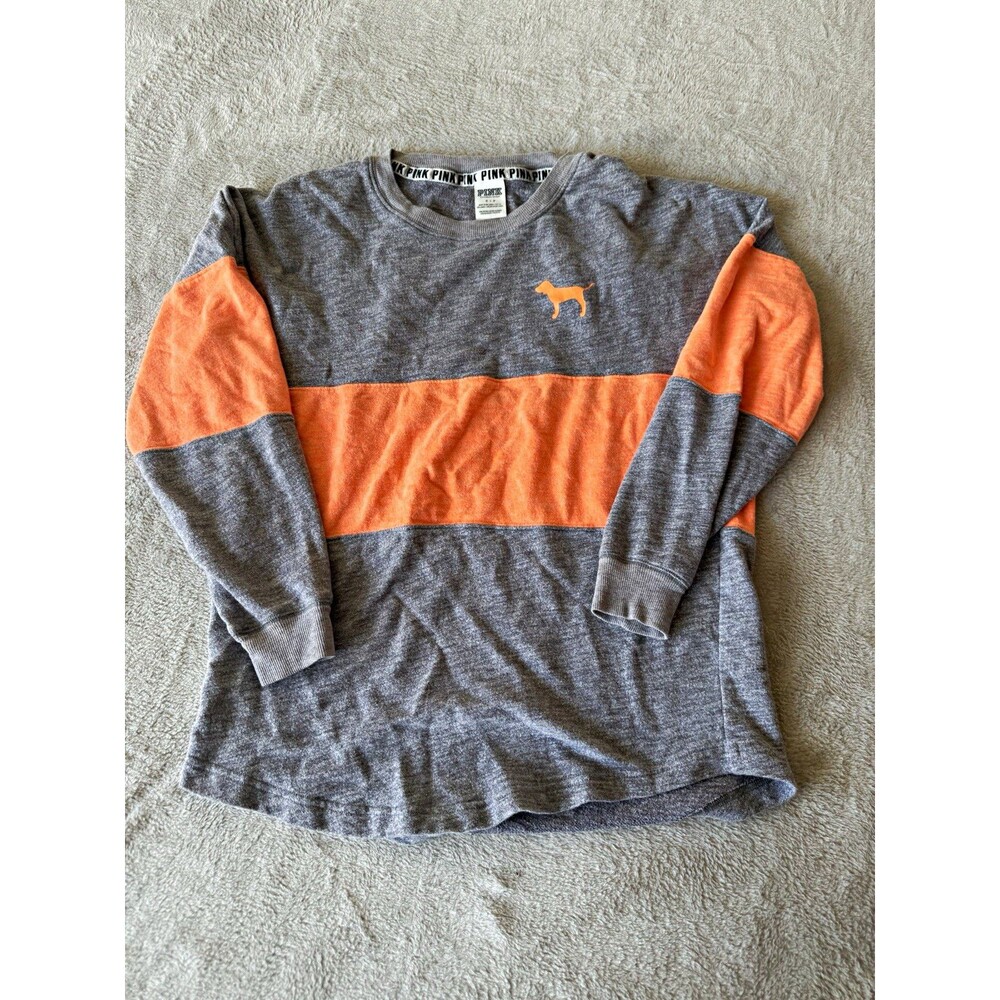 PINK Victoria's Secret Colorblock Crewneck Logo Sweatshirt Gray/Orange S